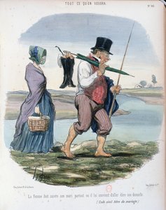 Napoleonin vuonna 1804 julkaiseman Ranskan Code Civilin puolisoiden oikeuksien ja velvollisuuksien VI lukua pilkkaava karikatyyri, n. 1840-1850